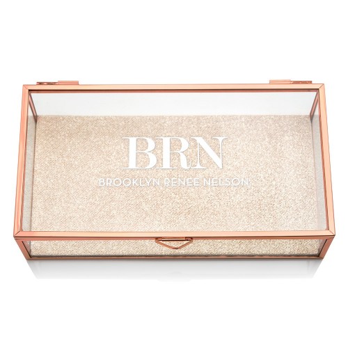 Personalized Glass Jewelry Box With Rose Gold - Modern Serif Initials Printing