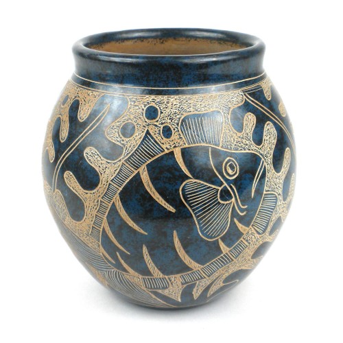 Handmade 5-inch Tall Vase Blue Fish Design