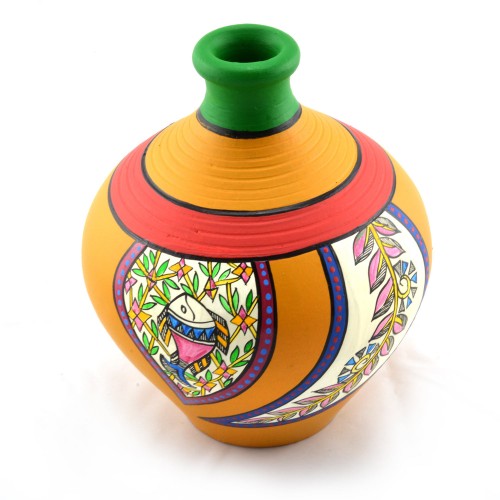 Earthen handmade and handpainted terracotta Vase Matki shape yellow green