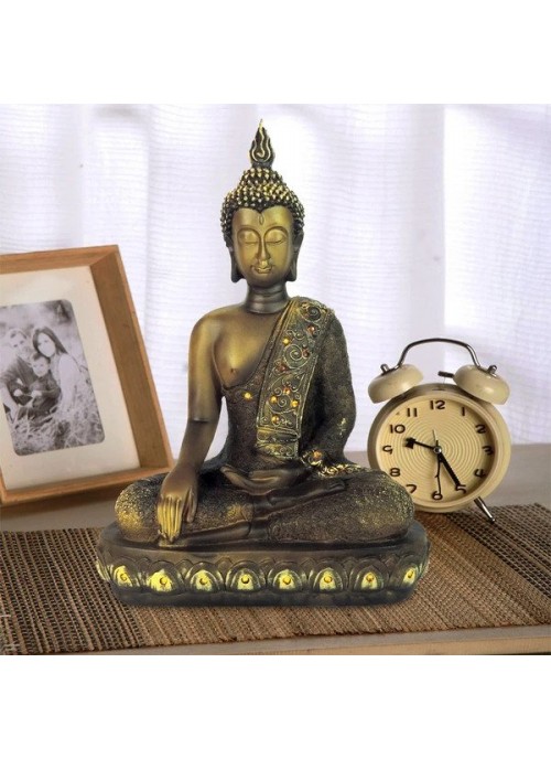 peaceful vibe Polystone Buddha Figurine With Pointed Ushnisha, Brown Buddha Sculpture